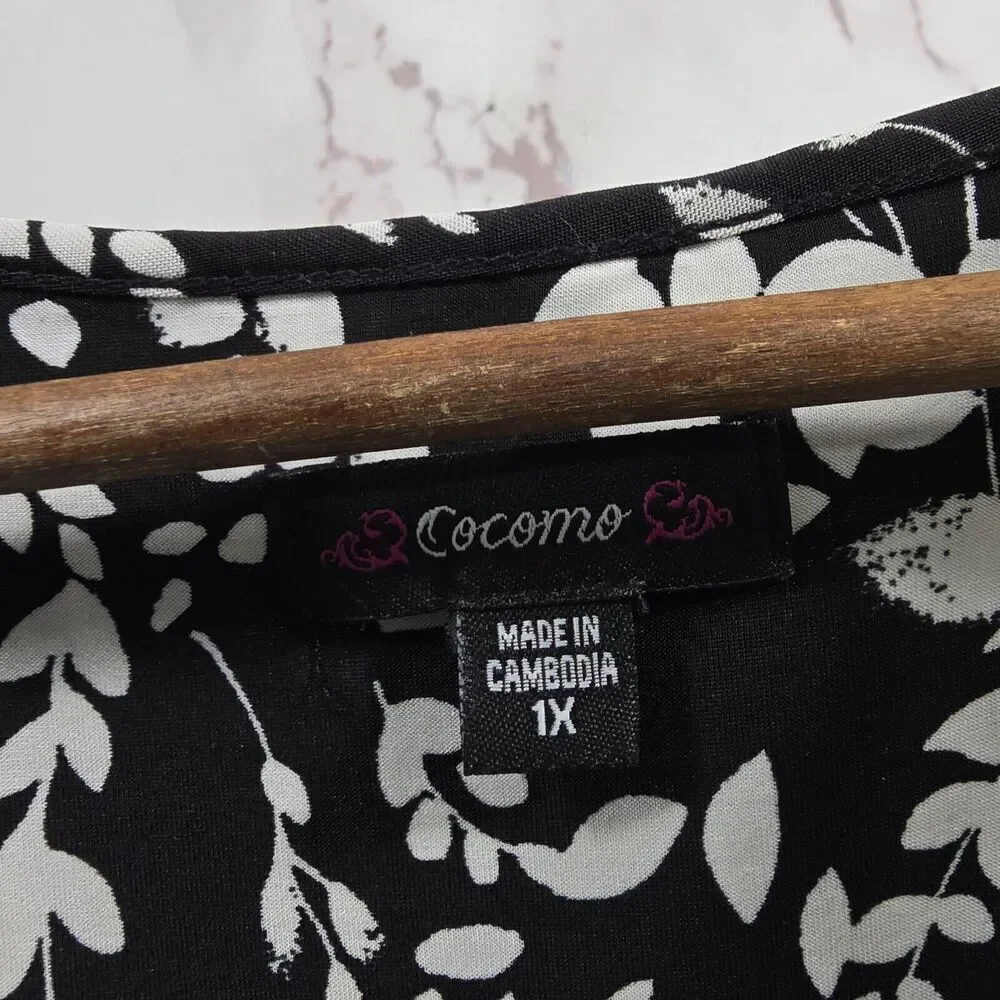 Cocomo Dress Womens 1X Black White Maxi Long V Neck Stretchy Knit Botanical - Picture 3 of 10